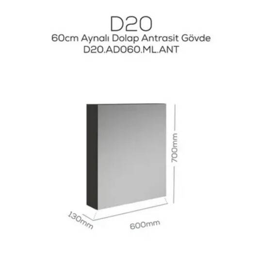 Creavit D20 Aynalı Dolap Antrasit 600x700x130mm