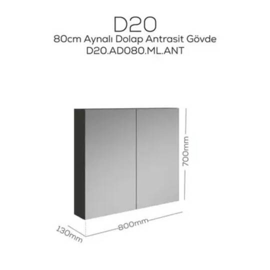 Creavit D20 Aynalı Dolap Antrasit 800x700x130mm